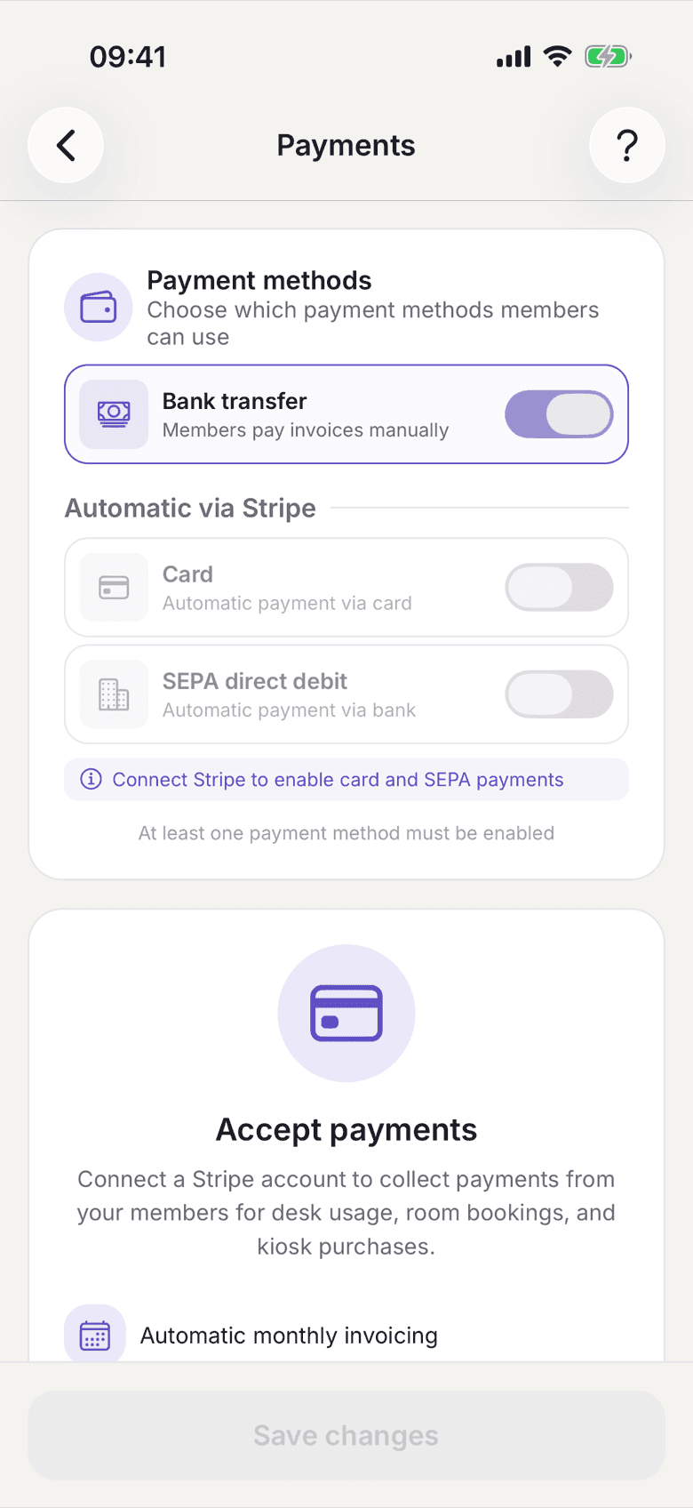 Payment methods with bank transfer, card and SEPA direct debit