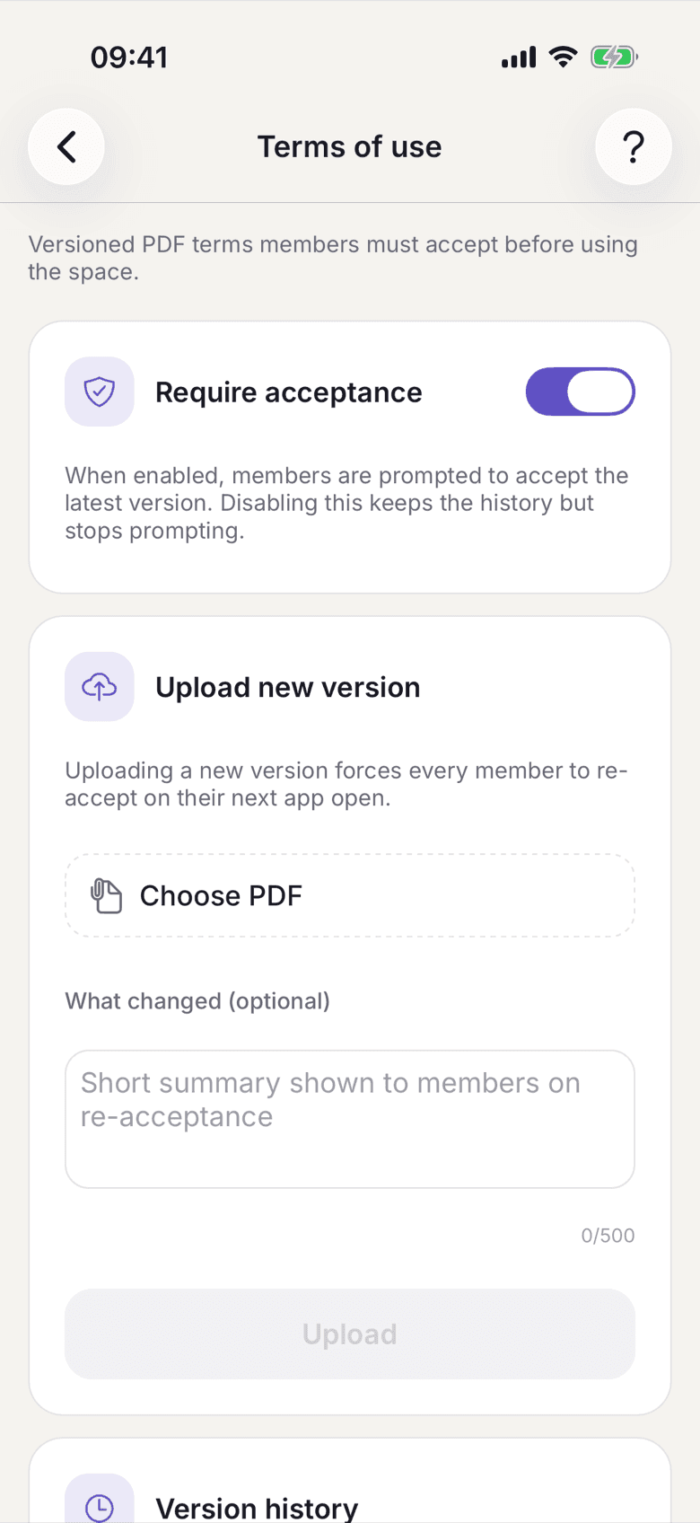Terms of Use with the Require acceptance switch and the Upload new version card