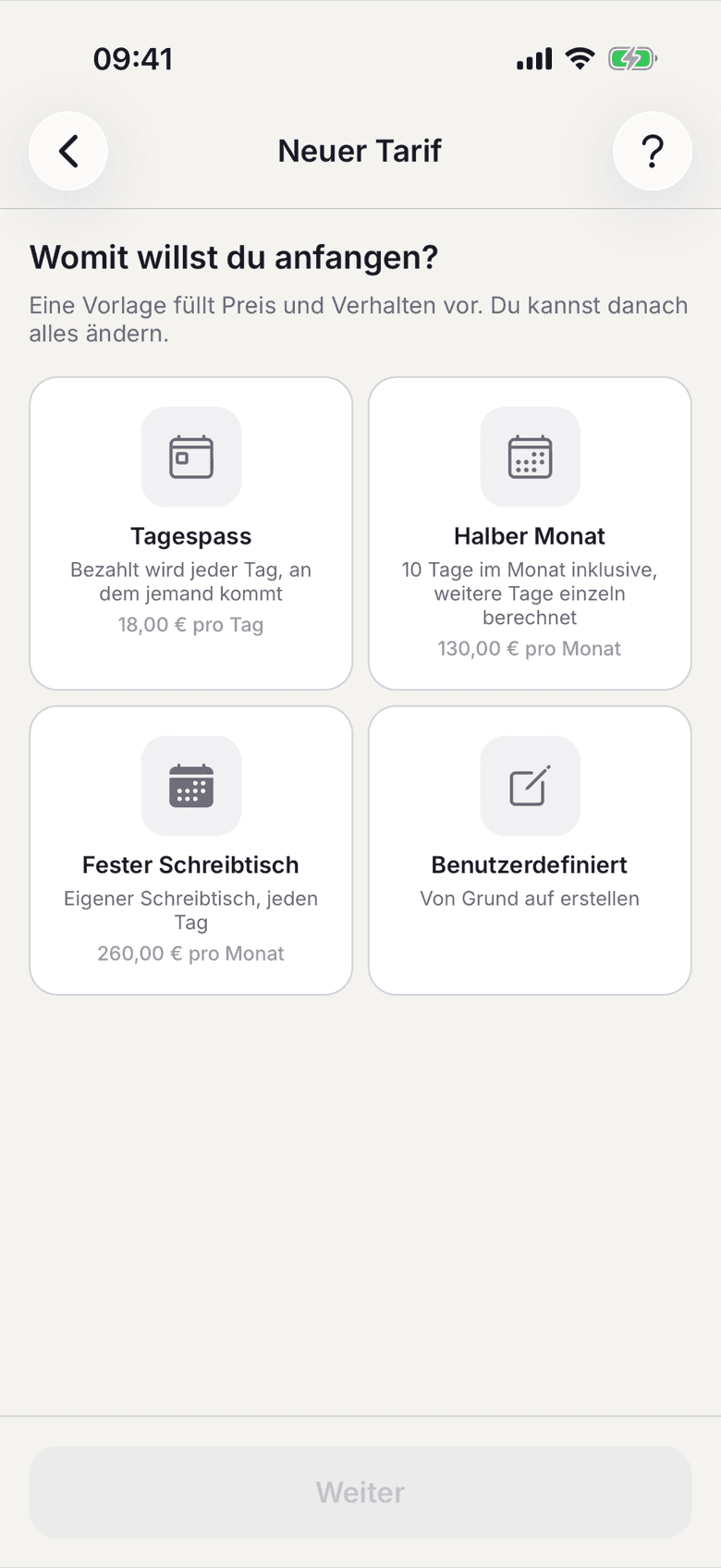 Vorlagenauswahl beim Anlegen eines Tarifs