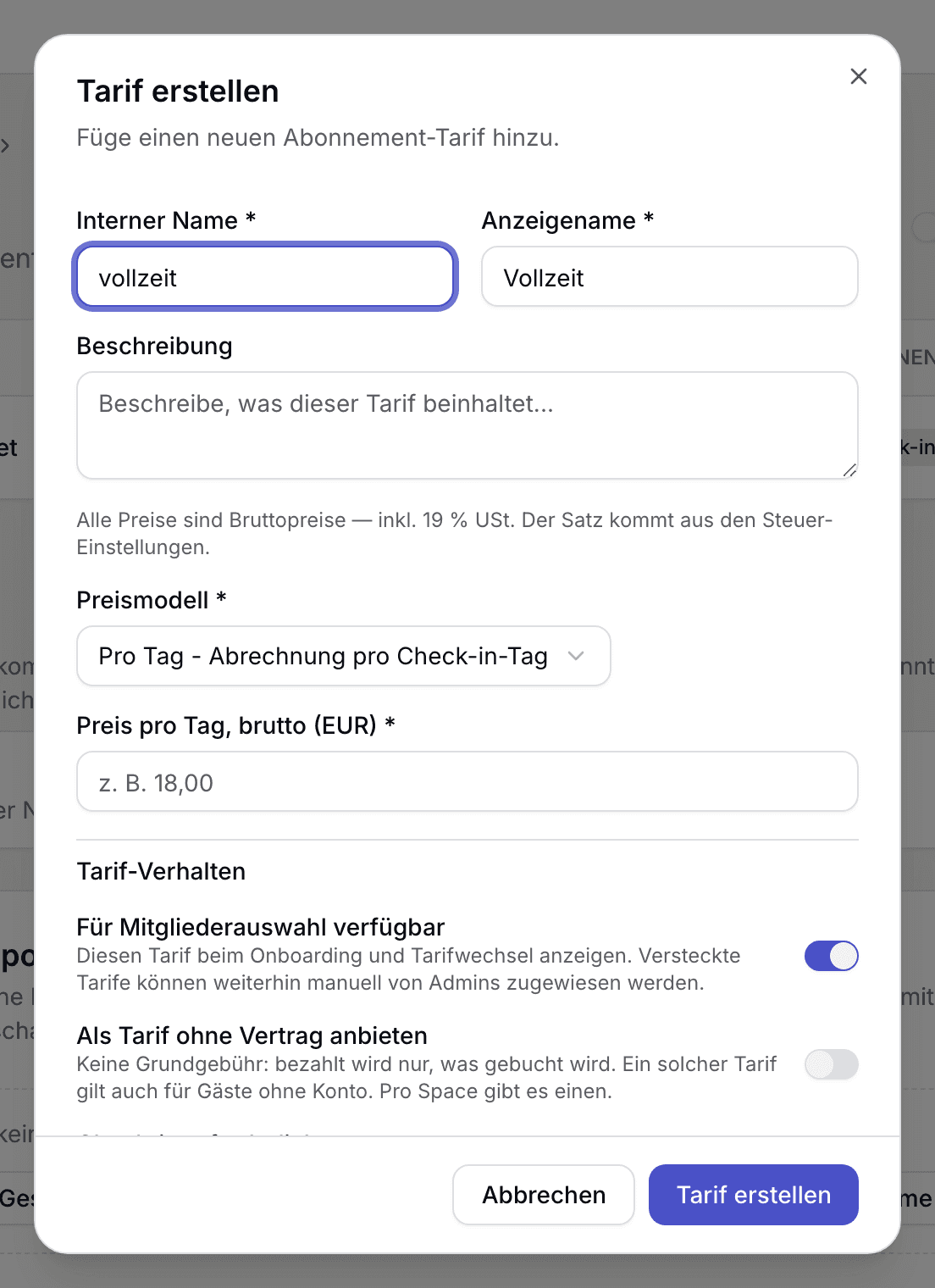 Formular mit Preismodell und den Preisfeldern