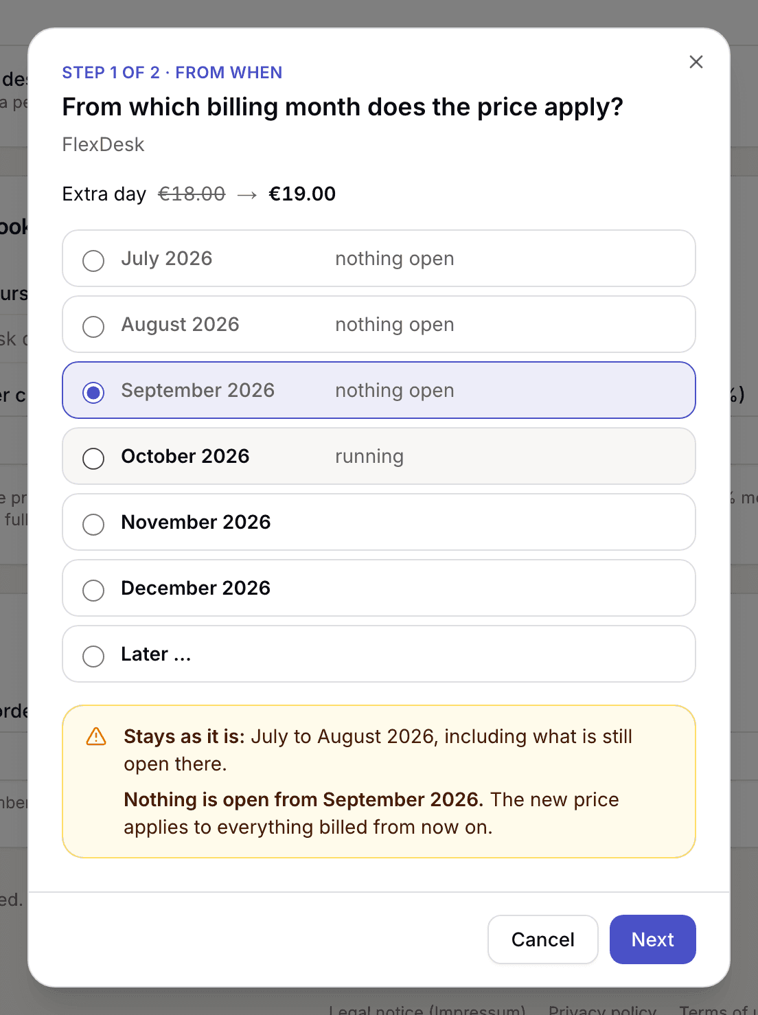 Step 1 with the list of months and the box saying what stays and what is recalculated