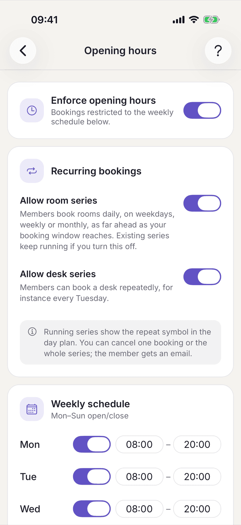Recurring bookings card with the switches Allow room series and Allow desk series