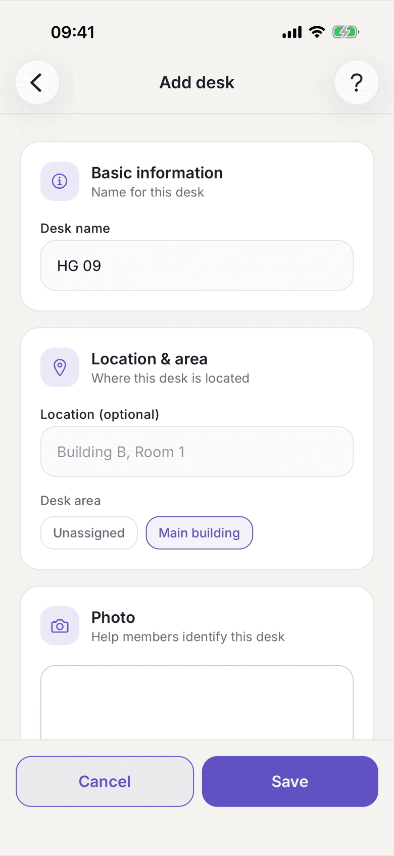 Add desk form with desk name, location and area