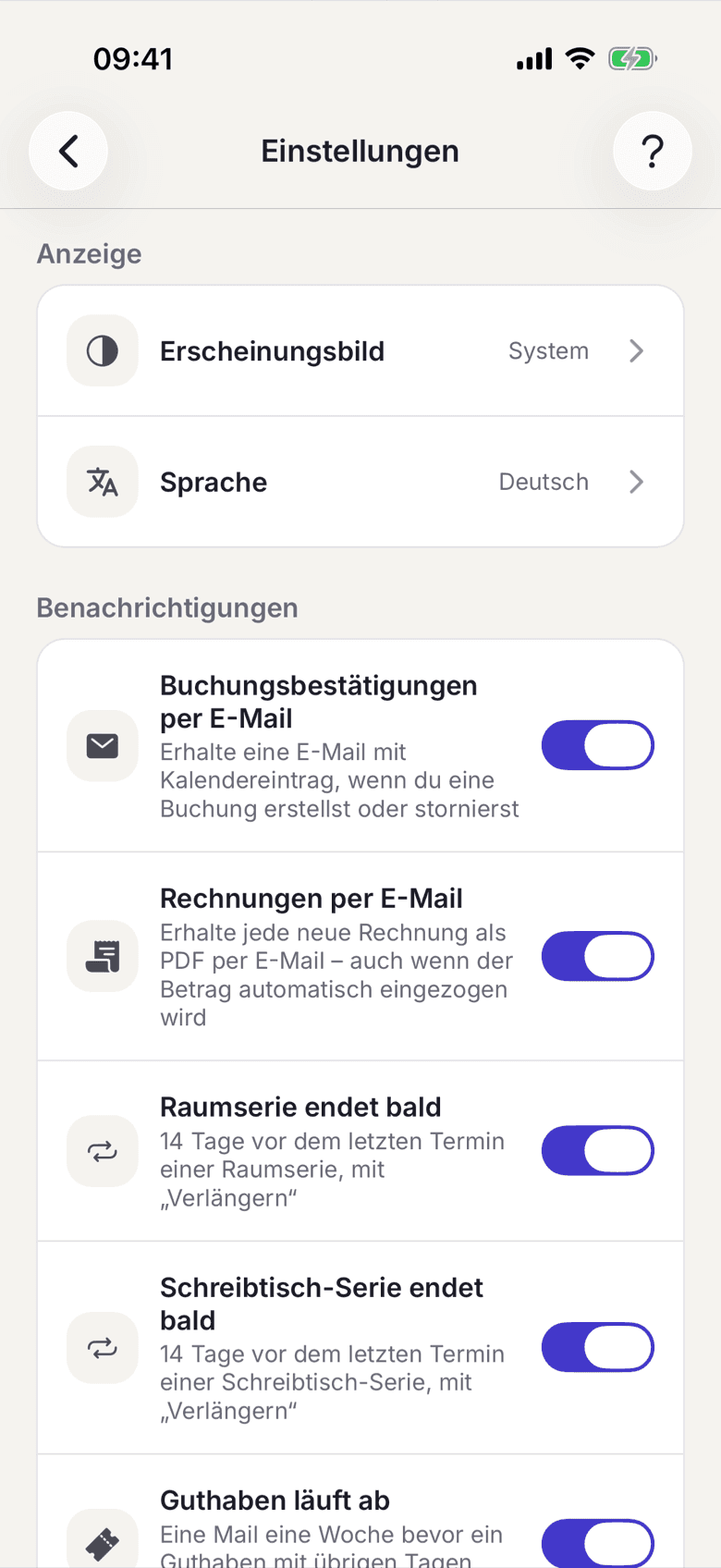 Einstellungen mit dem Abschnitt Benachrichtigungen und seinen Mail-Schaltern