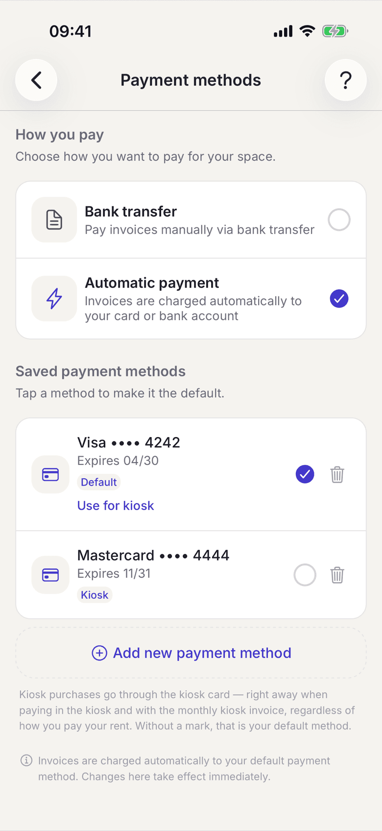 List of payment methods with the kiosk badge on one card