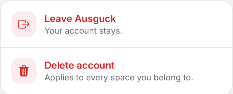 The Delete account row below the row for leaving the space