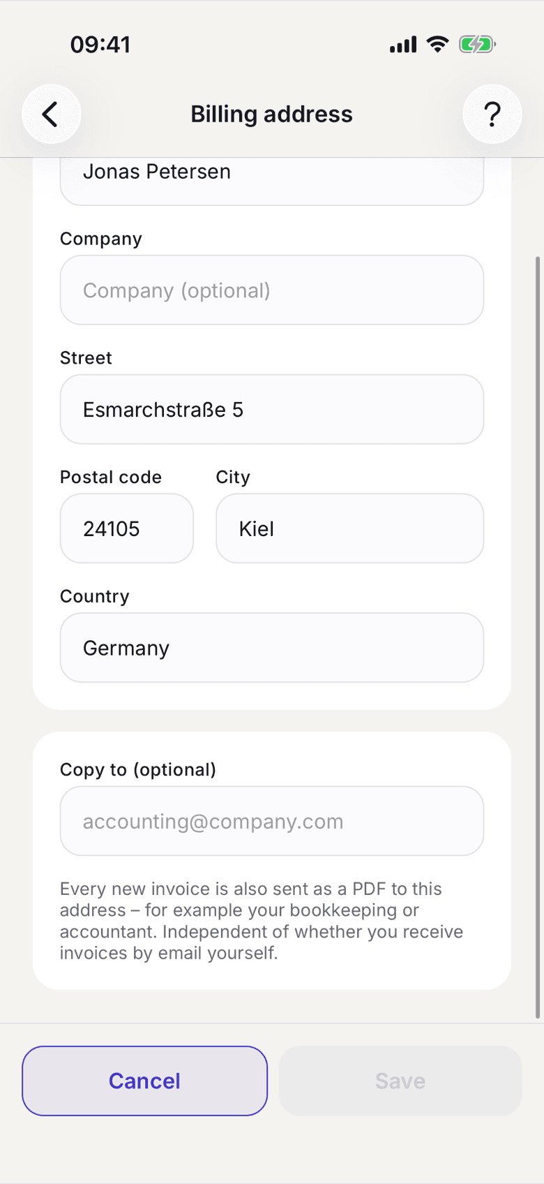 Billing address with the Copy to field