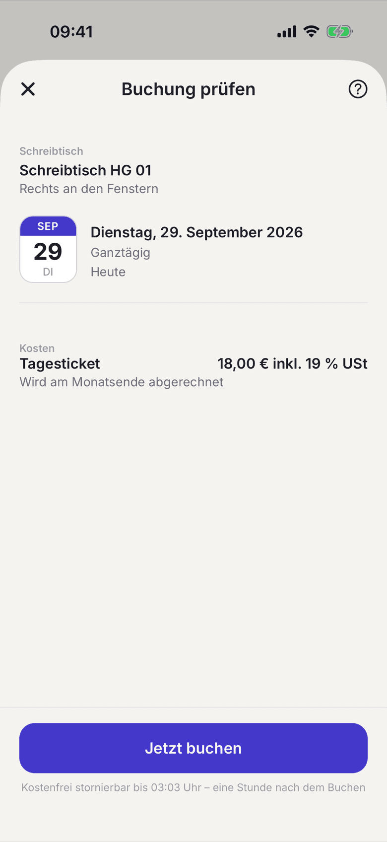 Buchung prüfen nach dem Scannen eines Schreibtischcodes