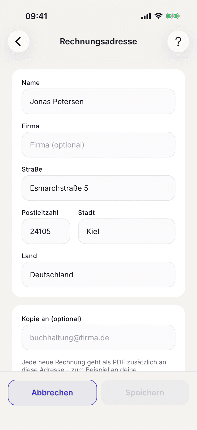 Formular der Rechnungsadresse