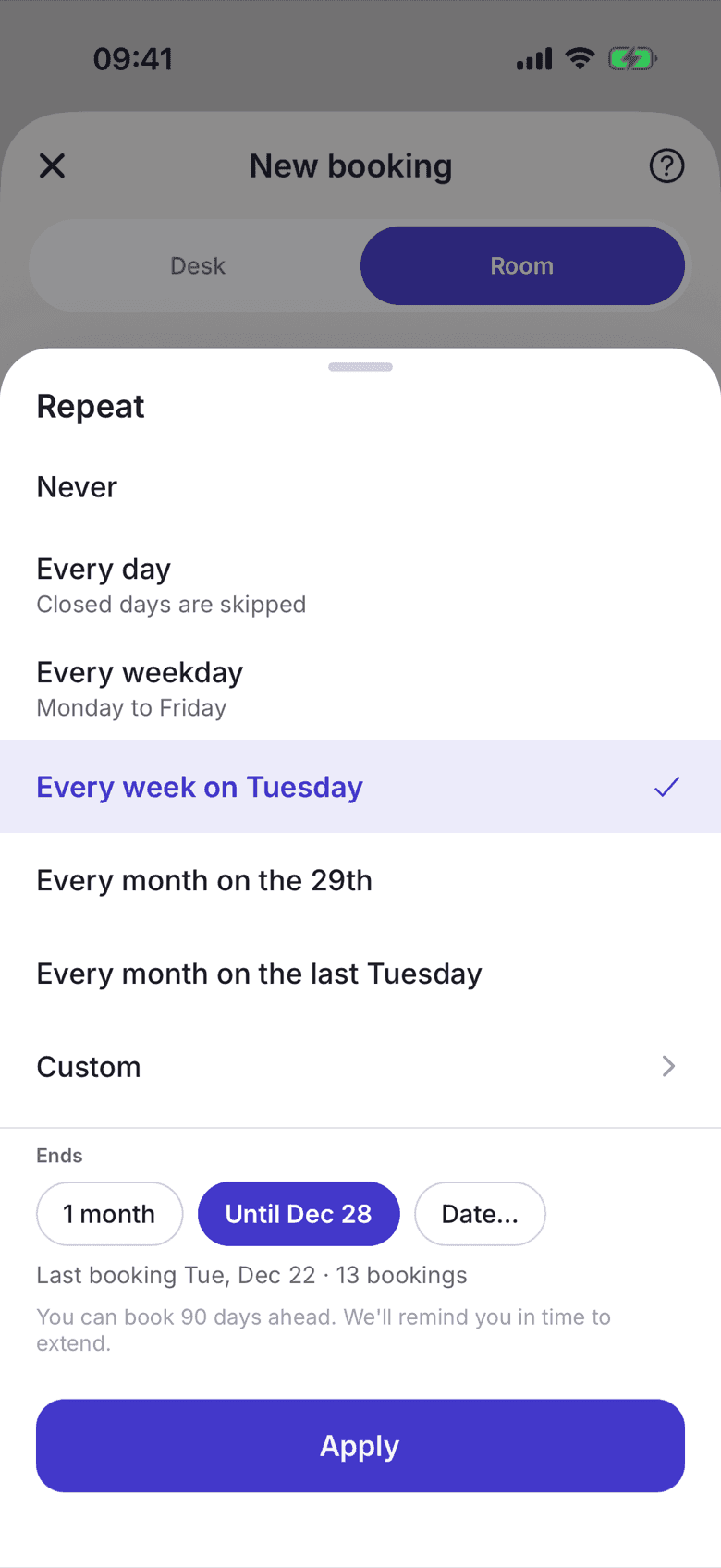 Repeat sheet with the rules and the choice under Ends