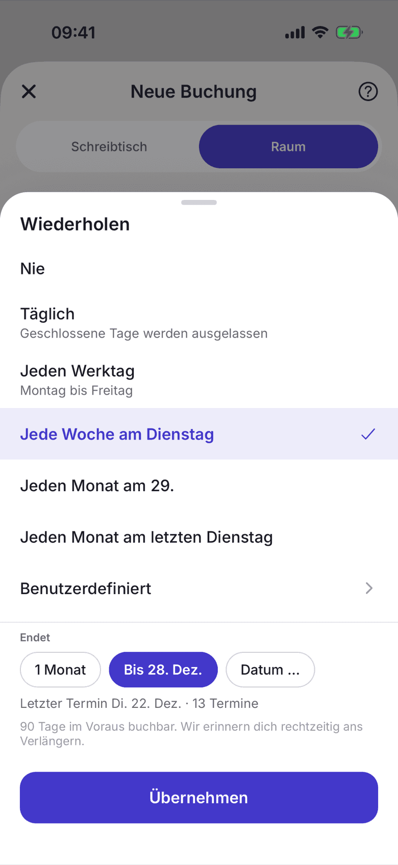 Blatt Wiederholen mit den Regeln und der Auswahl unter Endet
