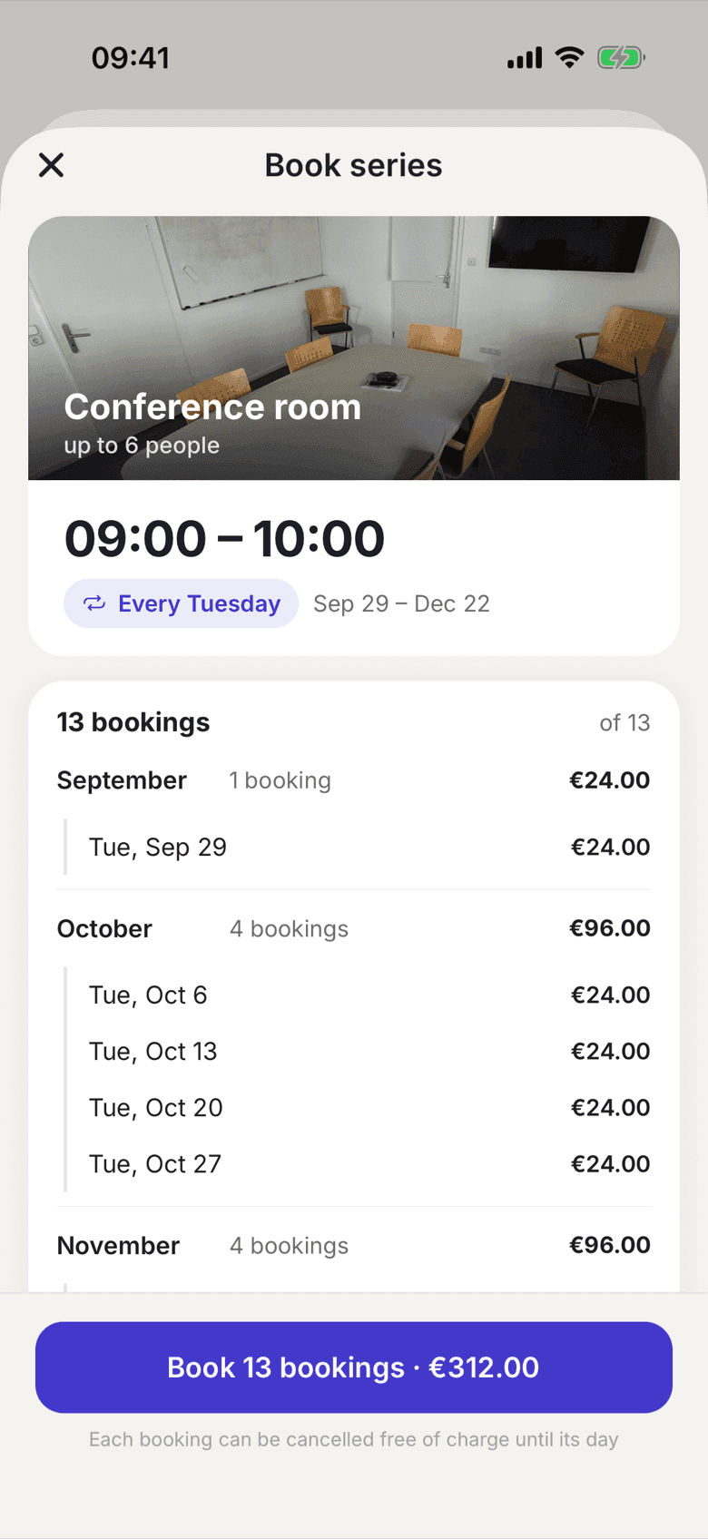 Book series for a room with the dates per month and their cost
