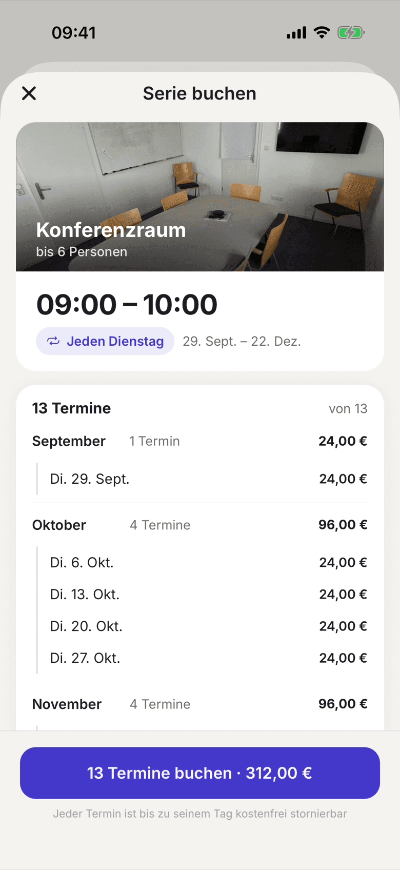 Serie buchen für einen Raum mit den Terminen je Monat und ihren Kosten