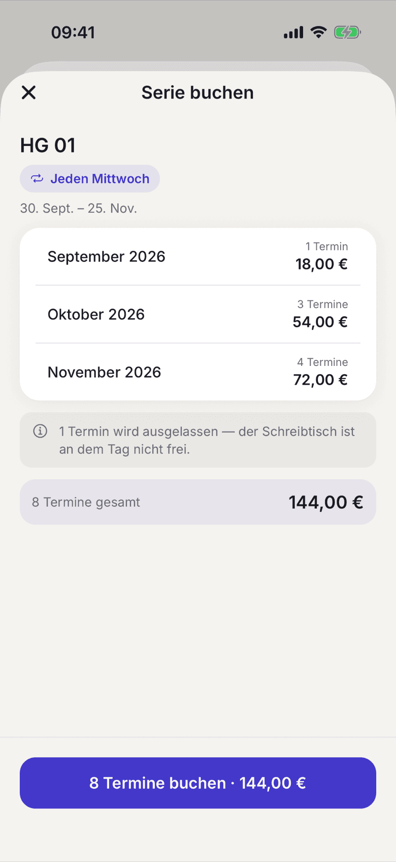 Serie buchen für einen Schreibtisch mit den Kosten je Monat und der Summe