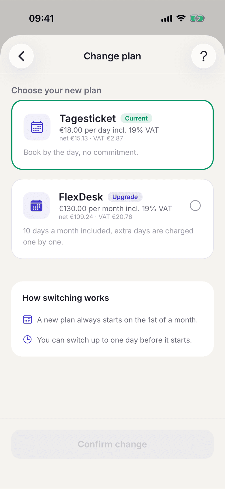 Change contract with the current plan and the list of selectable plans