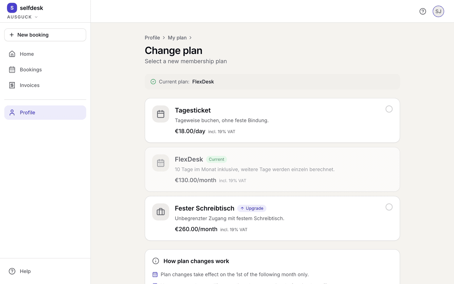 Change plan in the browser with the current plan and the selection