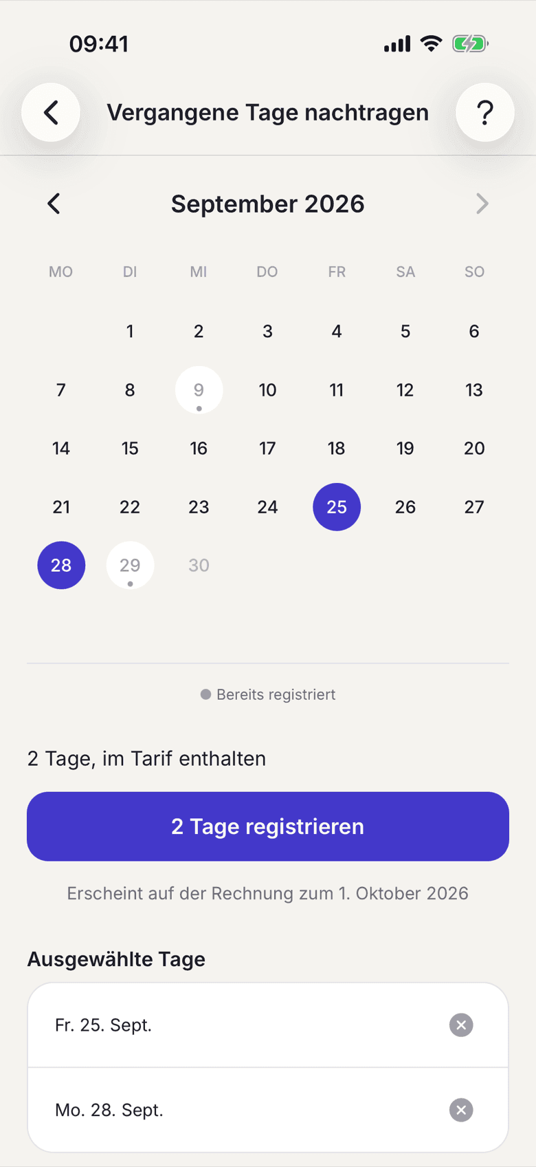 Kalender mit ausgewählten und bereits registrierten Tagen