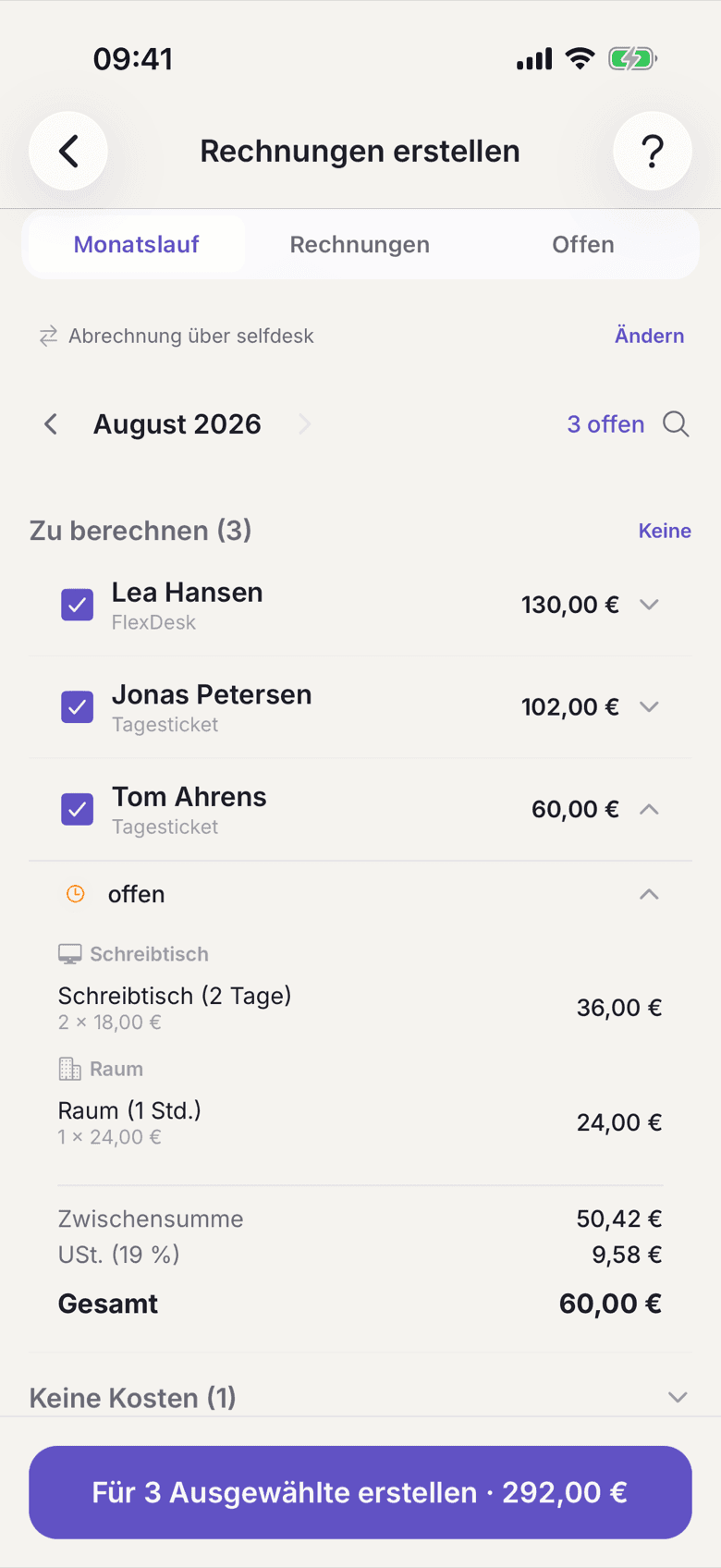 Aufgeklappte Mitgliedszeile im Monatslauf mit Positionen