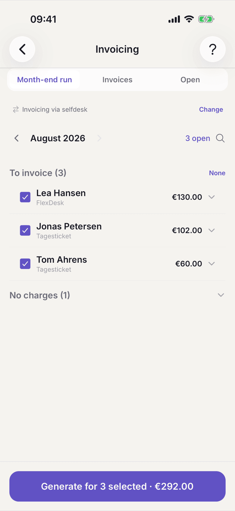Invoicing, Month-end run tab with the month above the list