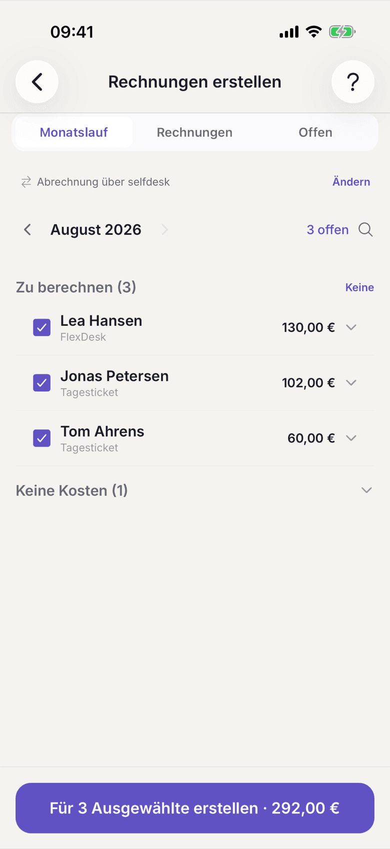 Rechnungen erstellen, Reiter Monatslauf mit dem Monat über der Liste