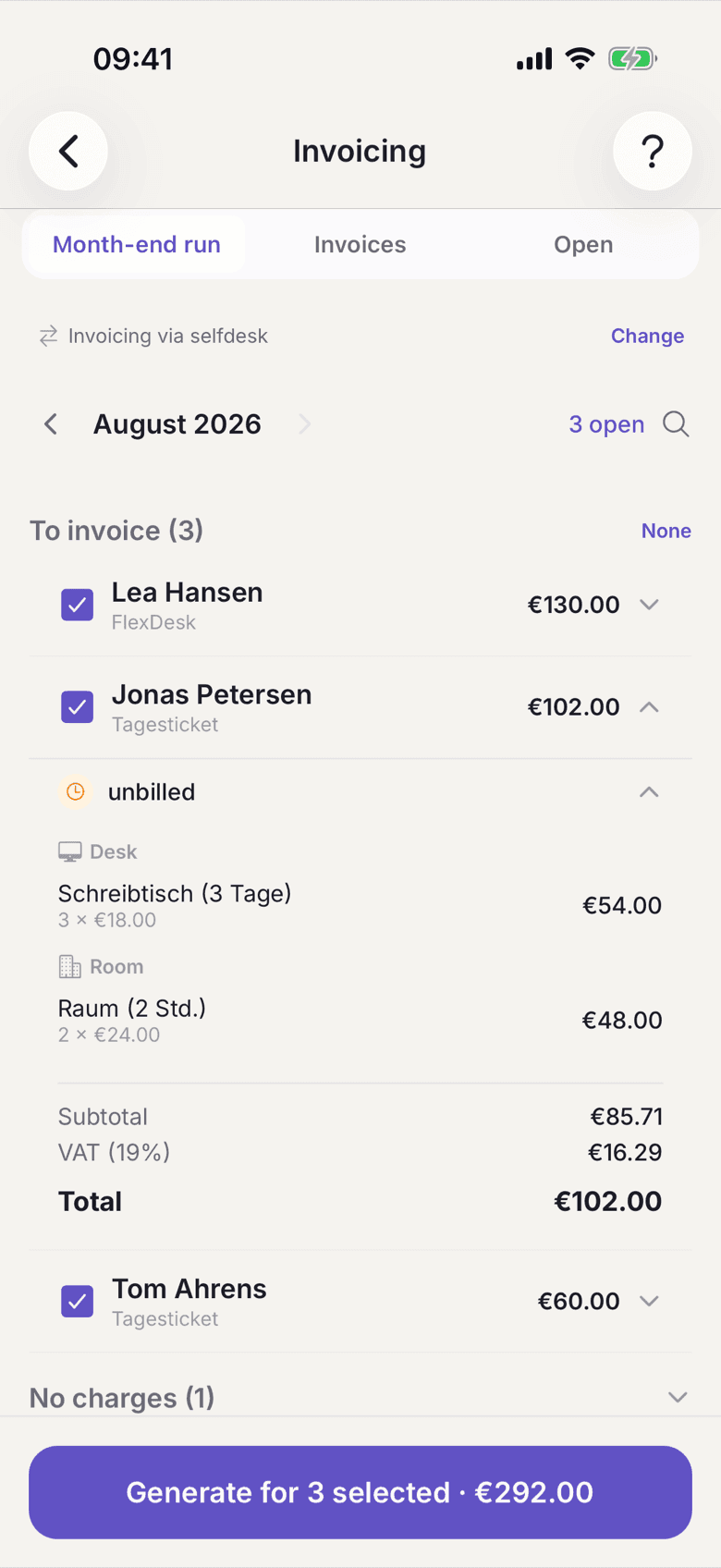 Expanded member row with the positions and the total