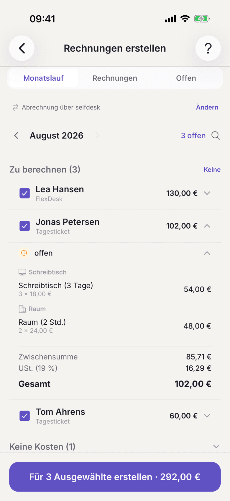Aufgeklappte Mitgliedszeile mit den Positionen und der Summe