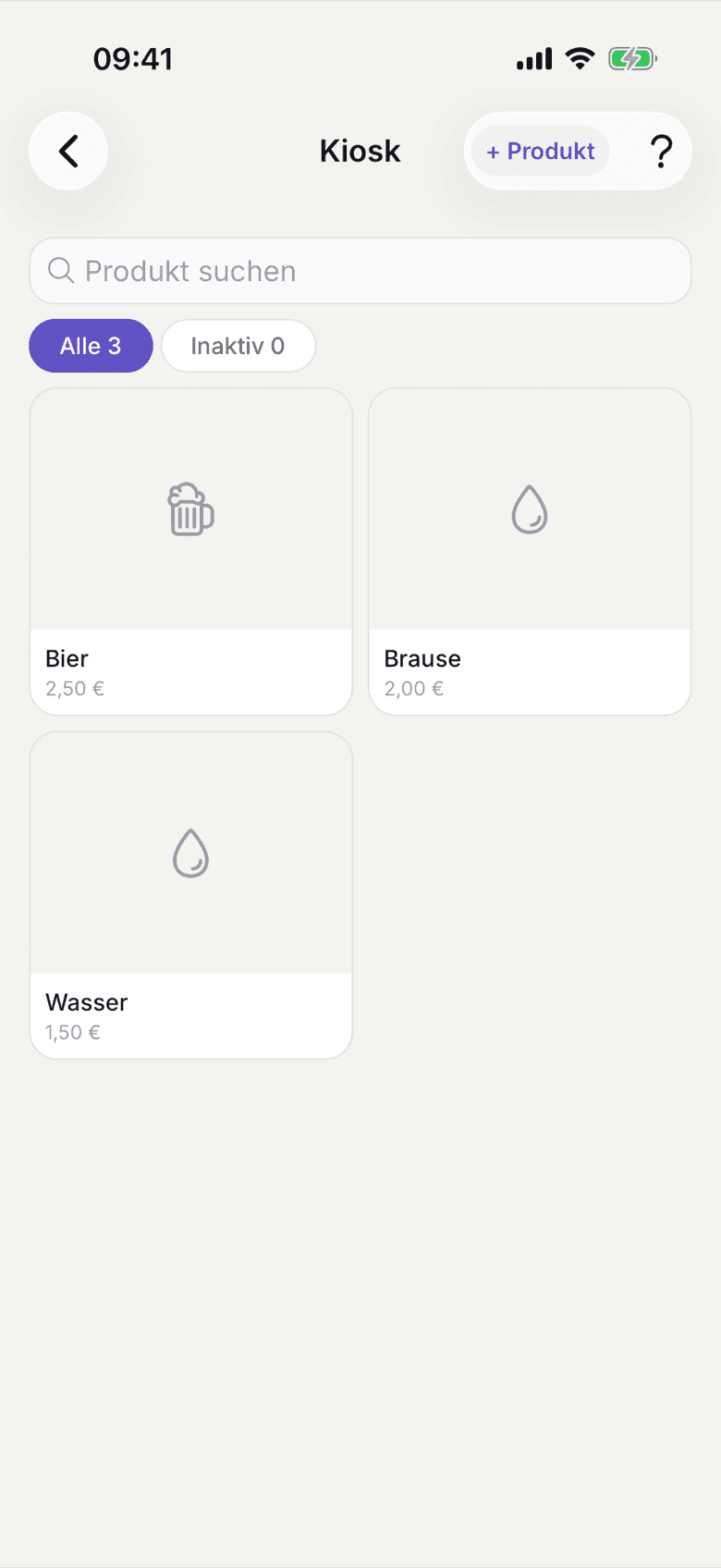 Kiosk-Liste mit den vorhandenen Produkten