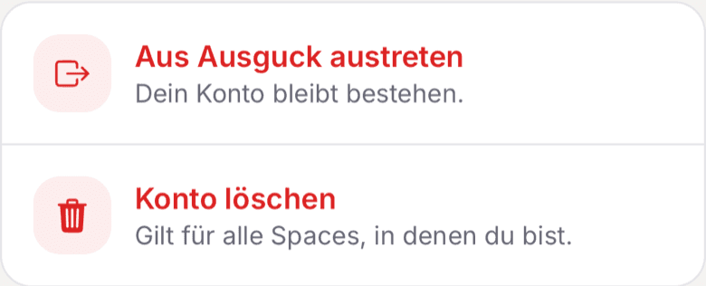 Die Zeilen zum Austreten aus dem Space und zum Löschen des Kontos