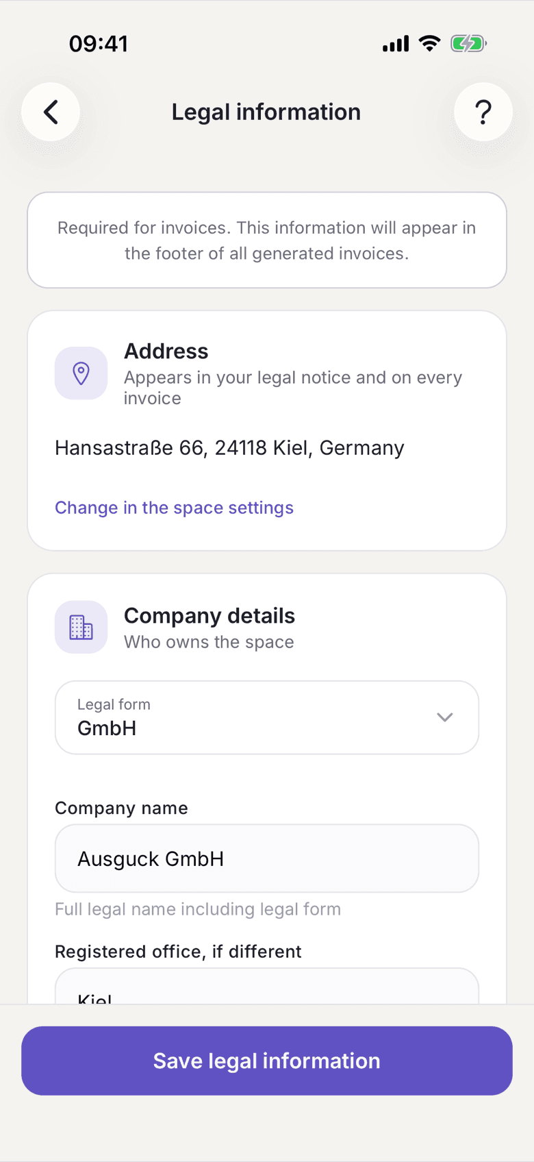 Legal Information with the Address and Company Details sections