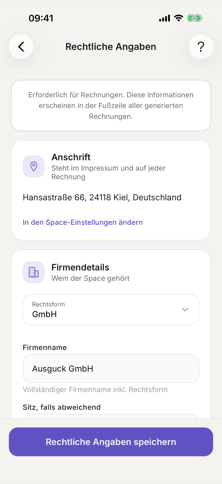 Rechtliche Angaben mit den Abschnitten Anschrift und Firmendetails