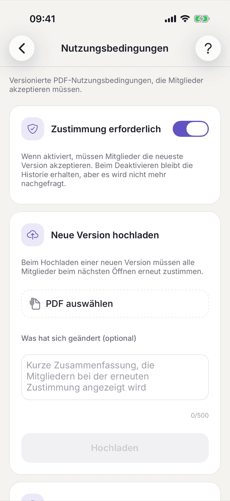 Nutzungsbedingungen mit dem Schalter Zustimmung erforderlich und der Karte Neue Version hochladen