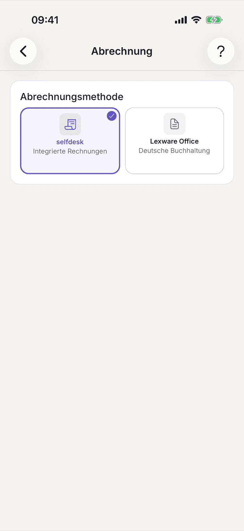 Abrechnung mit den beiden Kacheln Selfdesk und Lexware Office