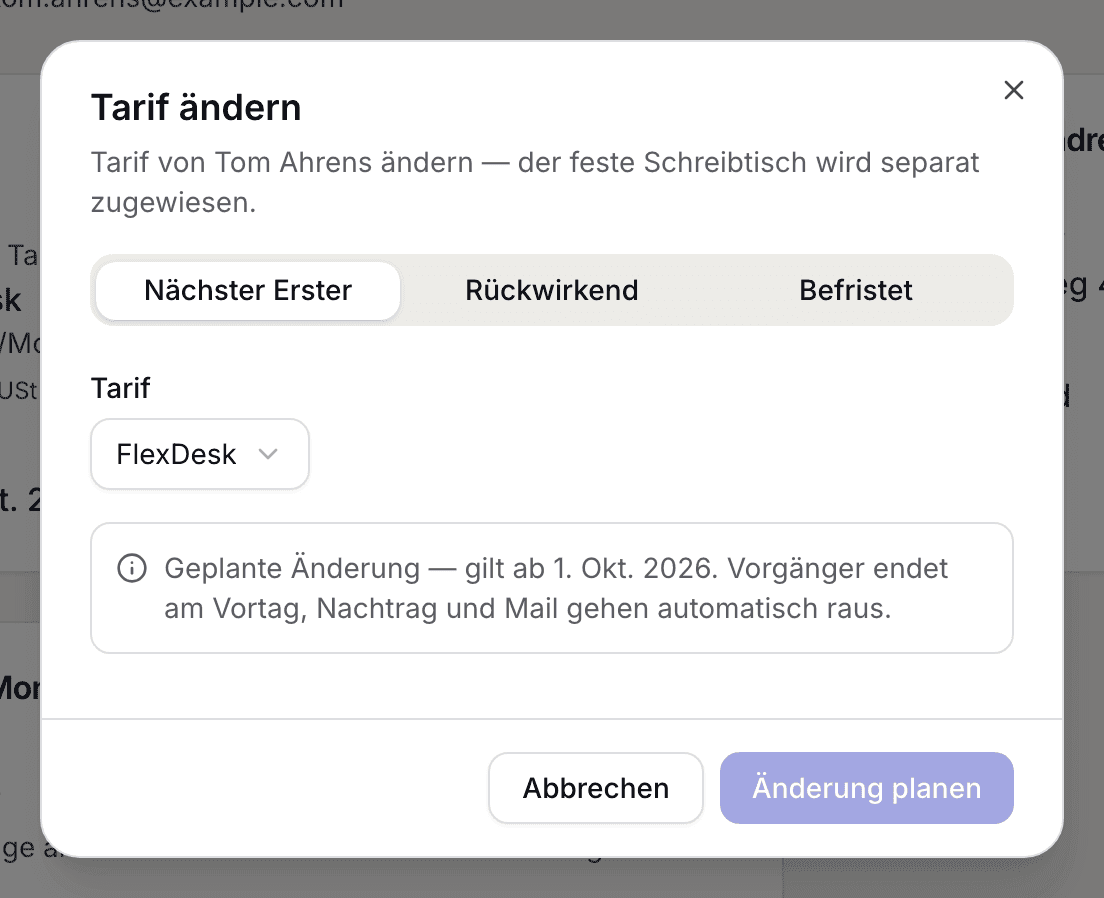 Auswahl des Zeitpunkts mit den drei Optionen
