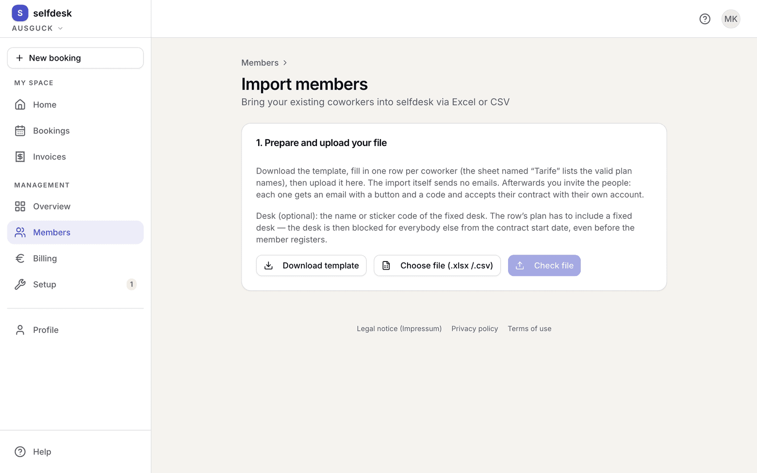 Import page with the button for downloading the template
