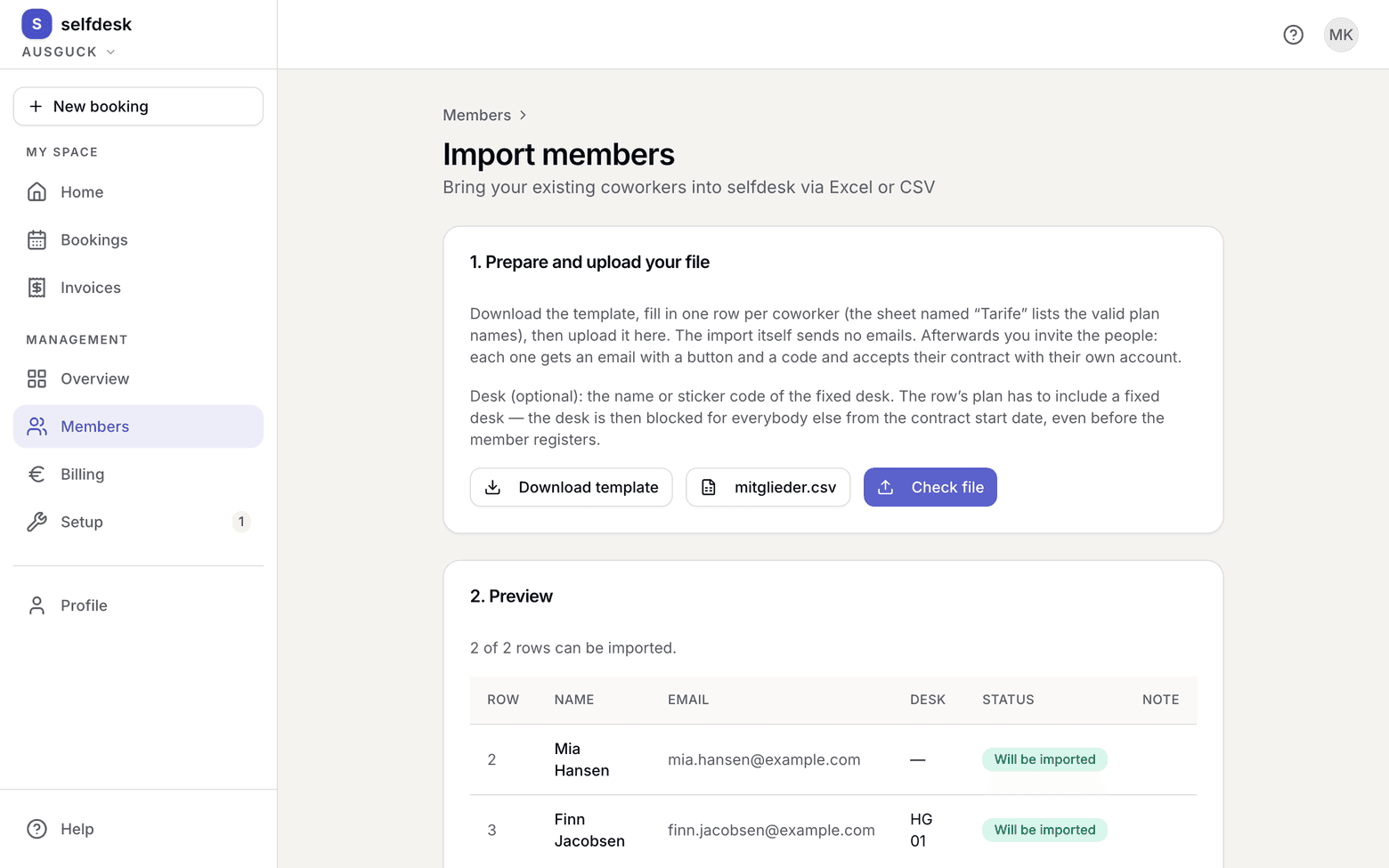 Import preview with a status per row