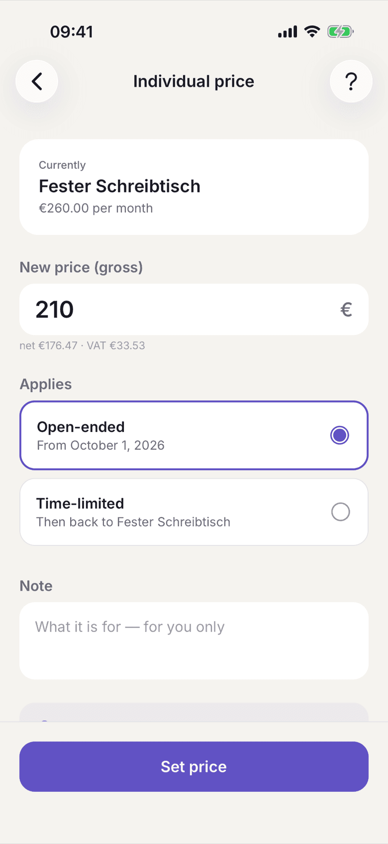 Individual price with amount, period and note