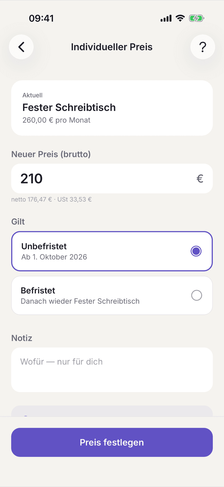 Individueller Preis mit Betrag, Zeitraum und Notiz