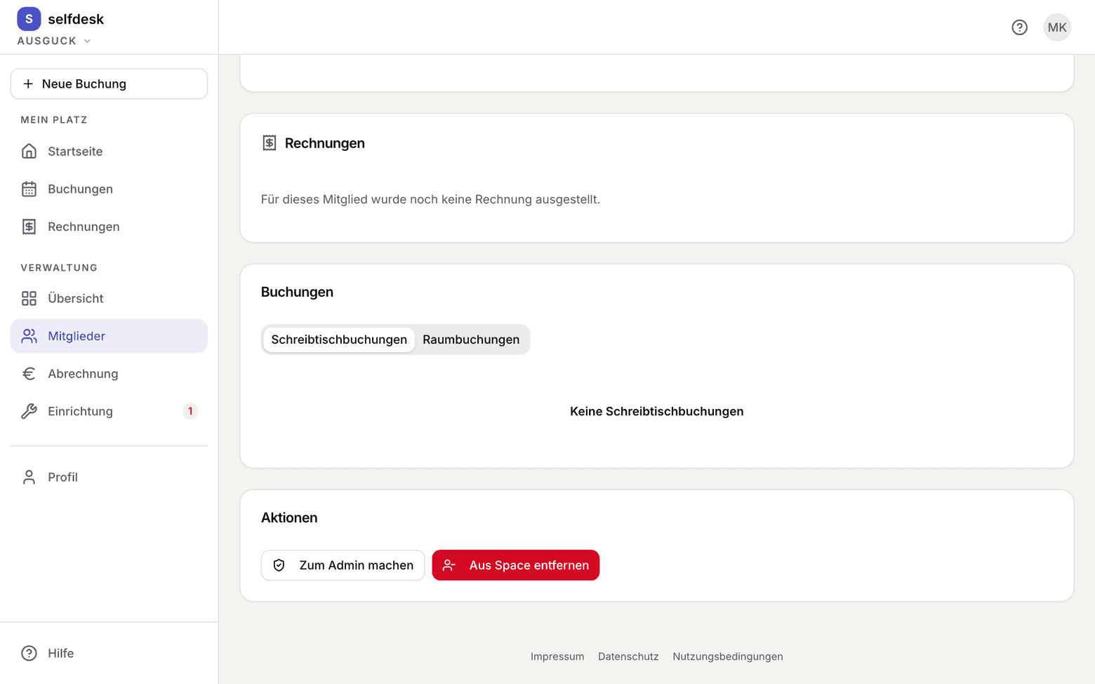Mitgliedsakte mit dem Knopf zum Entfernen