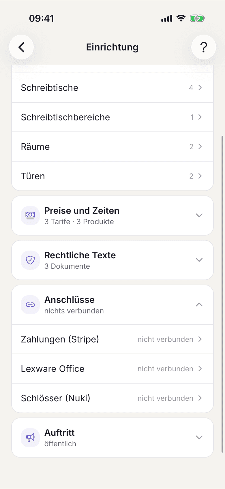Einrichtung mit der Zeile Schlösser (Nuki) im Abschnitt Anschlüsse