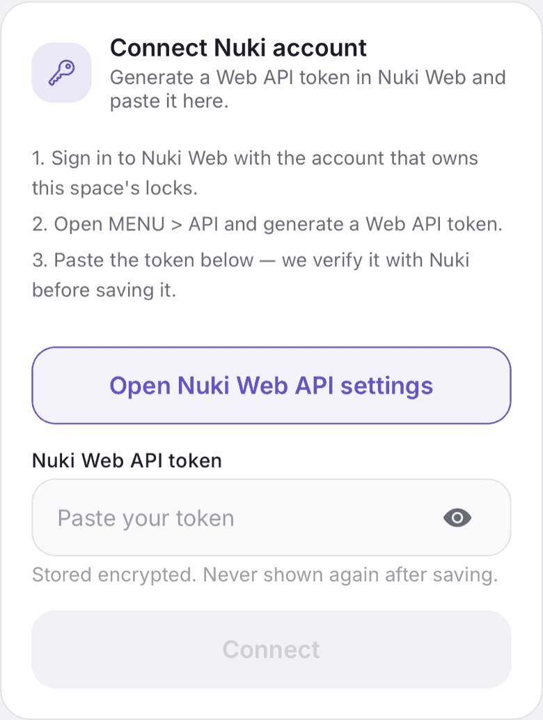 Connect Nuki account card with the Nuki Web API token field and the Connect button