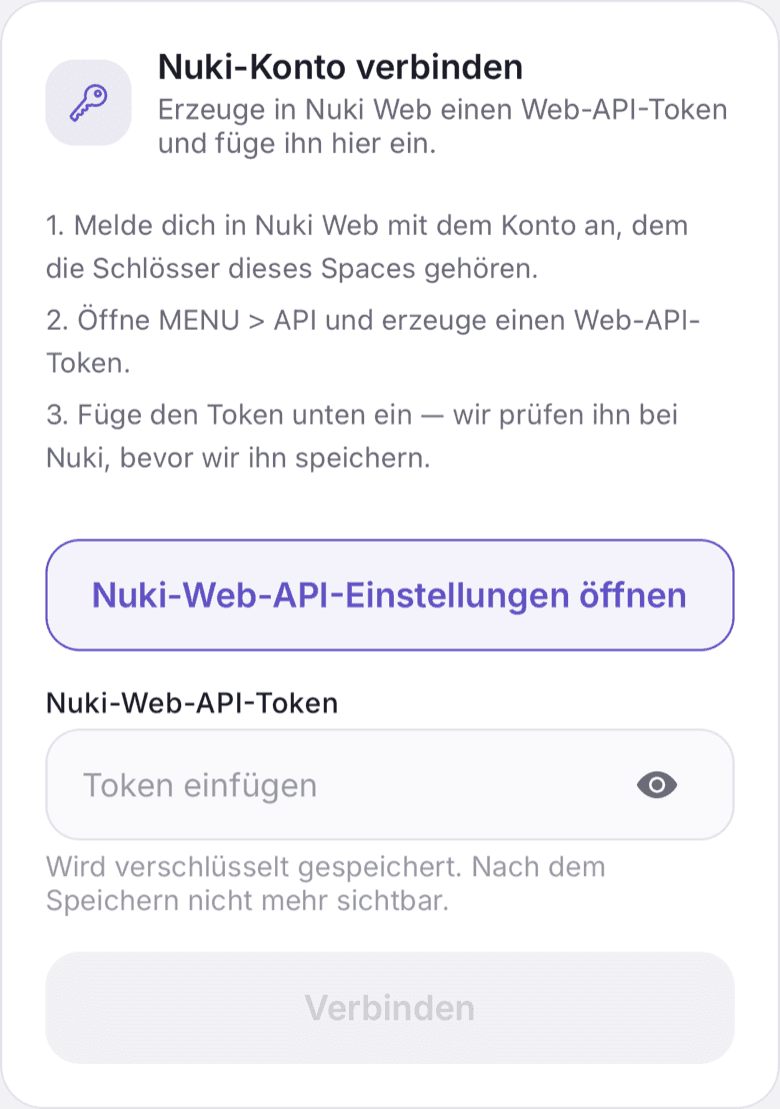 Karte Nuki-Konto verbinden mit dem Feld Nuki-Web-API-Token und dem Knopf Verbinden