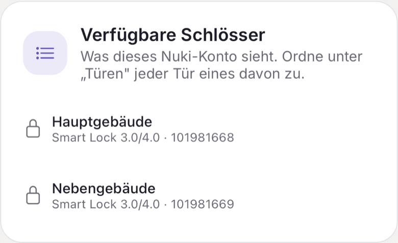 Liste Verfügbare Schlösser nach dem Verbinden