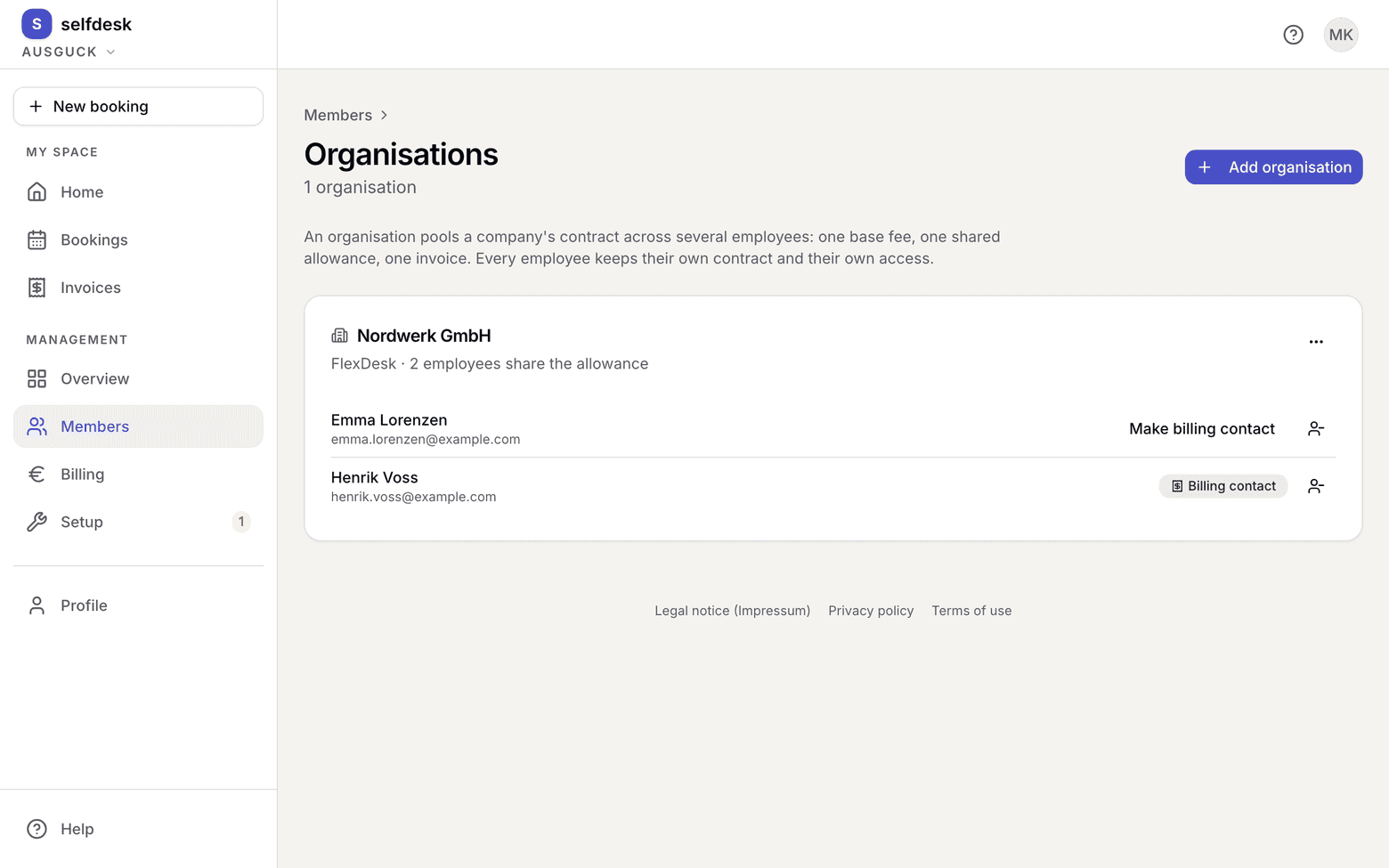 List of organisations with the add button
