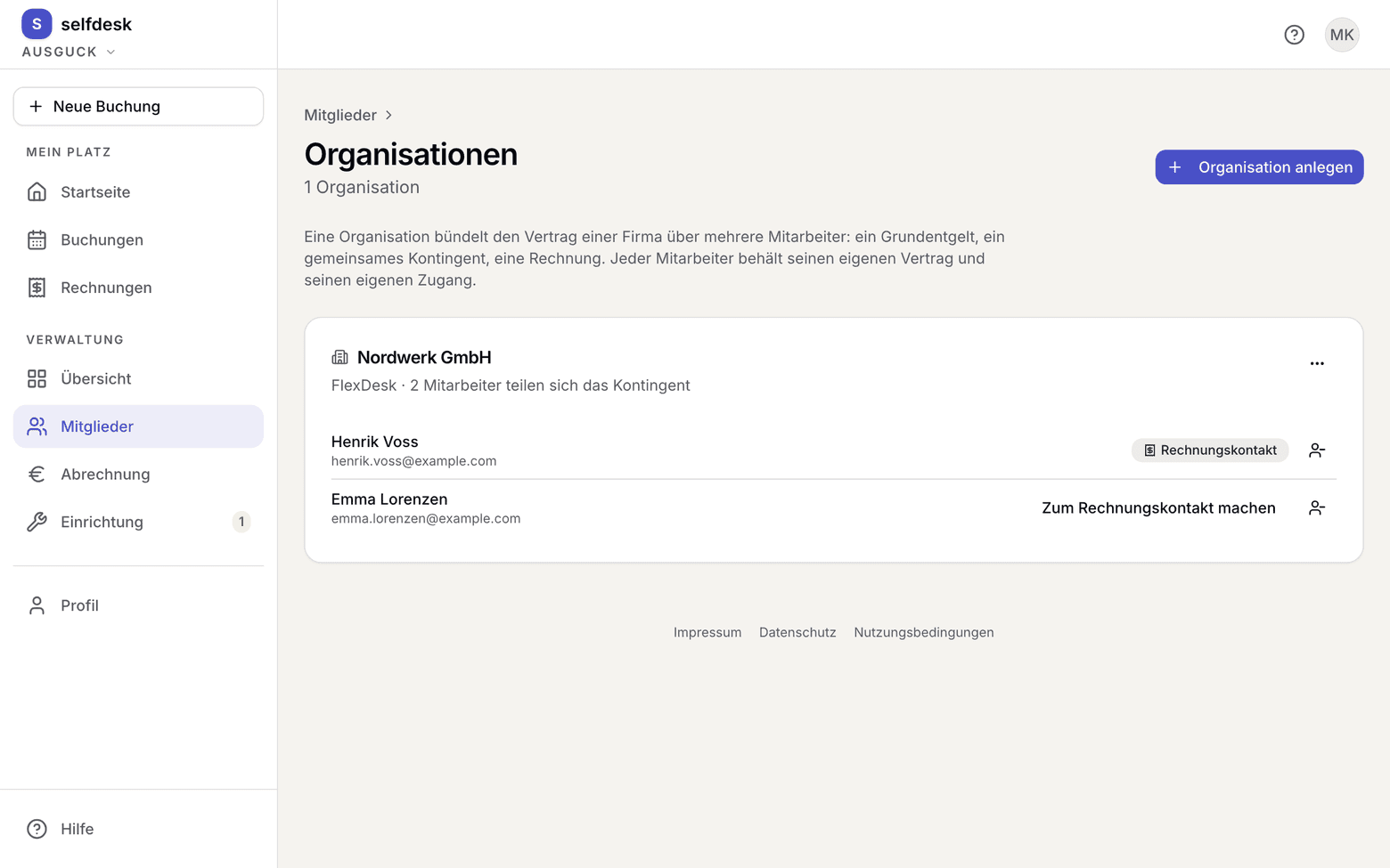 Liste der Organisationen mit dem Knopf zum Anlegen