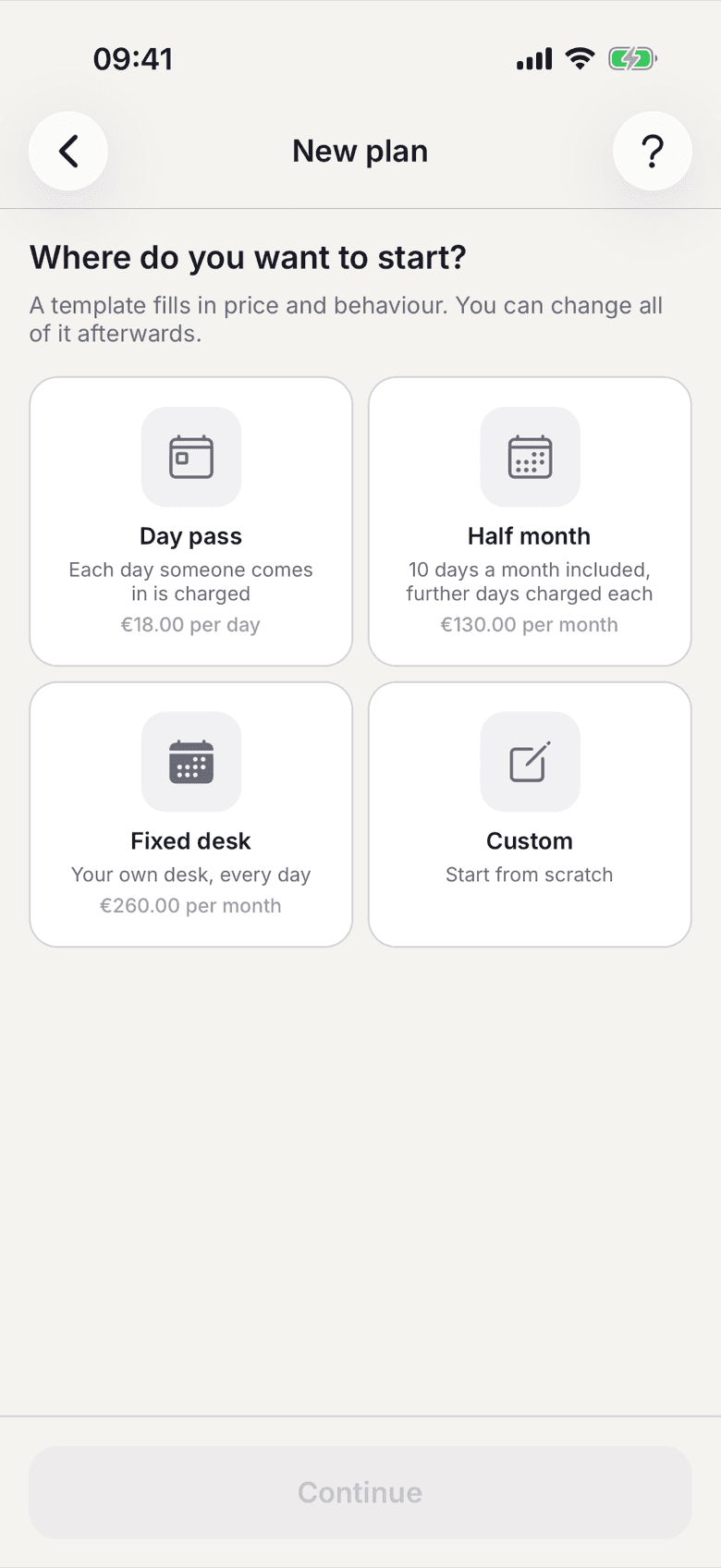 Template picker when creating a plan