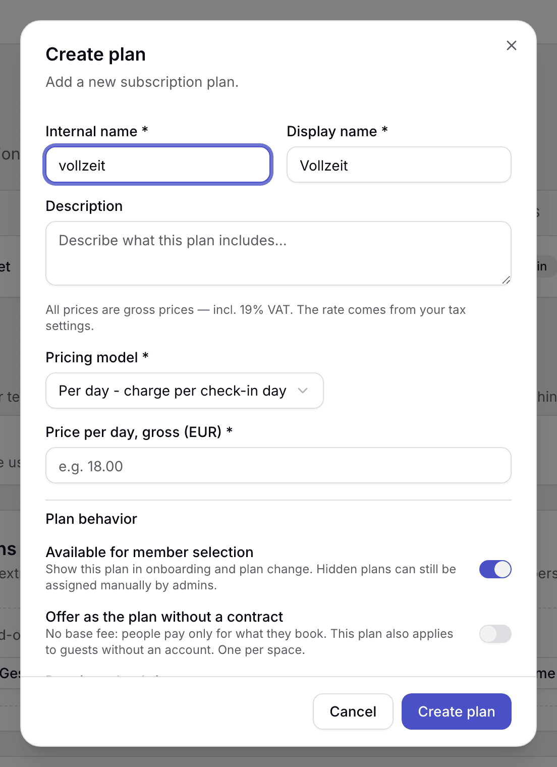 Form with the pricing model and the price fields