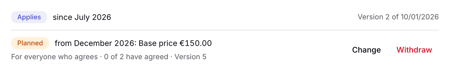 Plan header with the planned price and the Change and Withdraw buttons