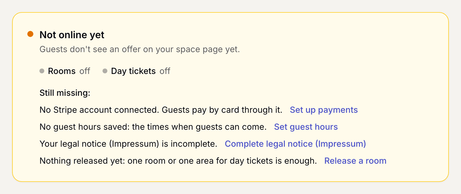 Page Online booking for guests with the status at the top and the missing points