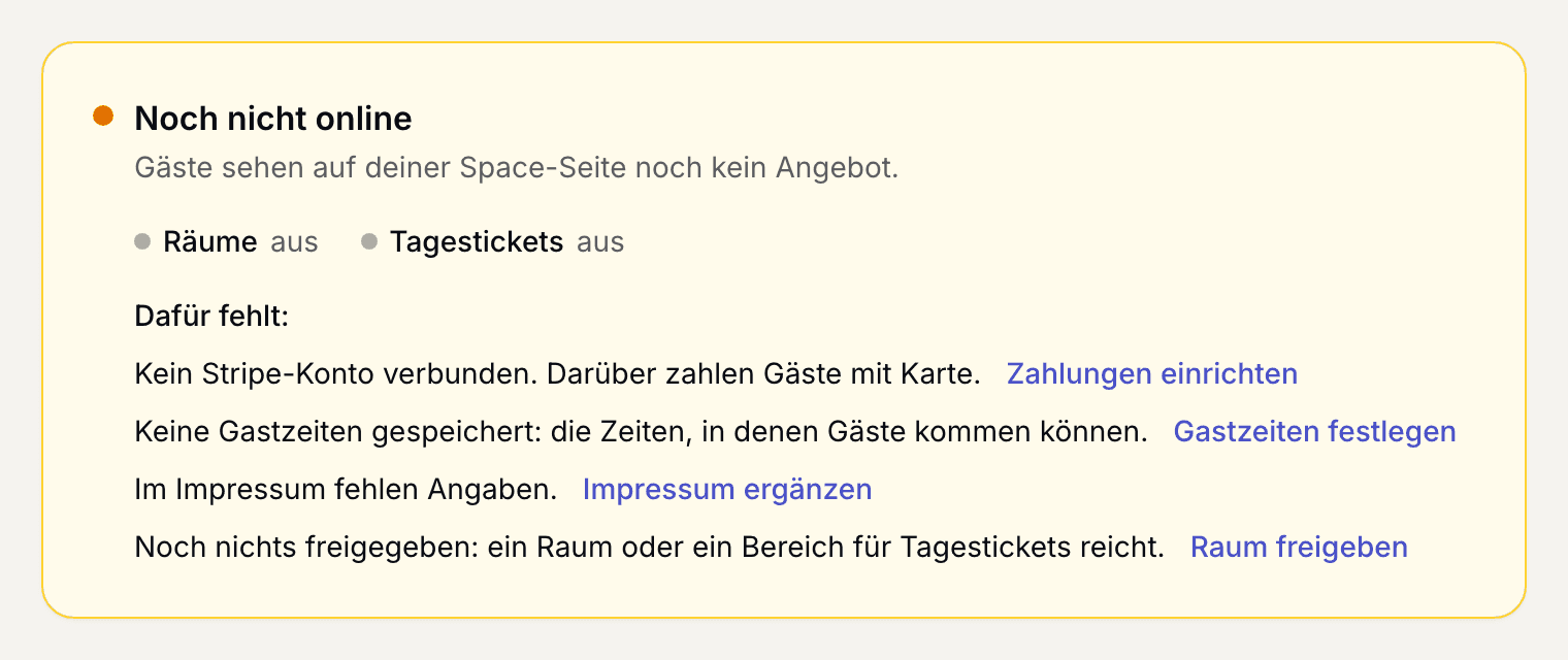 Seite Online-Buchung für Gäste mit dem Zustand oben und den fehlenden Punkten