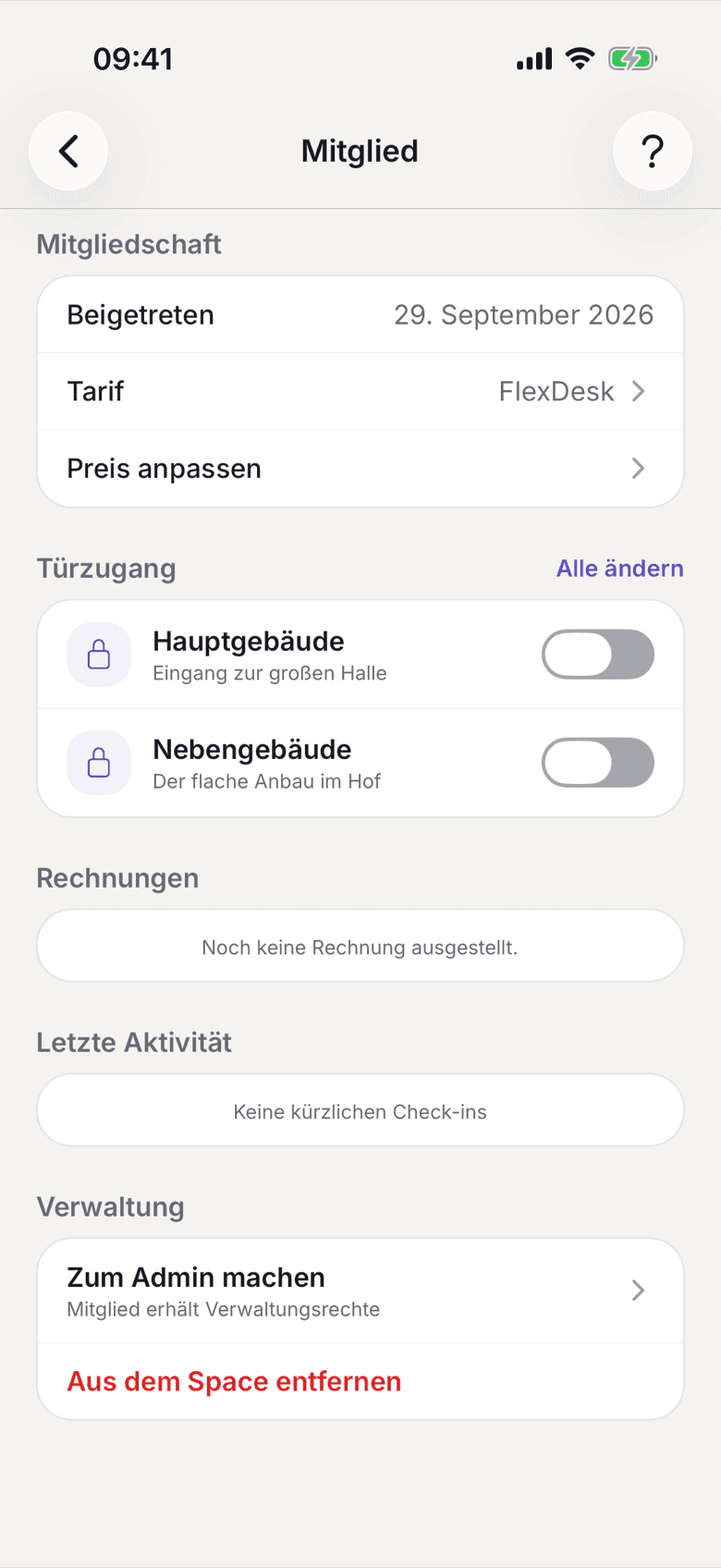 Mitgliedsakte mit dem Abschnitt Verwaltung